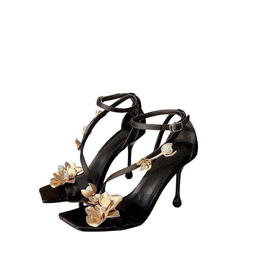 Black Satin 3D Flowers Ankle Strap Square Stiletto heel Sandals 775344564716 - COCOMELODY